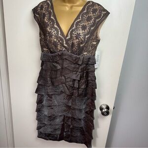 Adrianna Papell Brown Embroidered Floral Overlay Top Shimmer Tiered Dress NWT 6